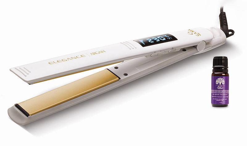 Piastra Elegance Argan: elimina l'effetto crespo dei capelli, trafile lunghe in tormalina, liscio a lungo in poco tempo, capelli protetti, riscaldamento istantaneo, temperatura regolabile e display LCD, auto spegnimento, pulsante chiudi piastra